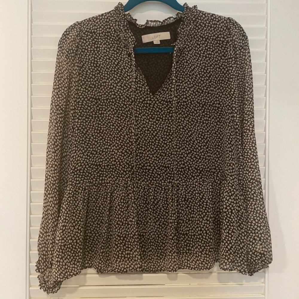 LOFT Floral Ruffle Tie Neck Blouse